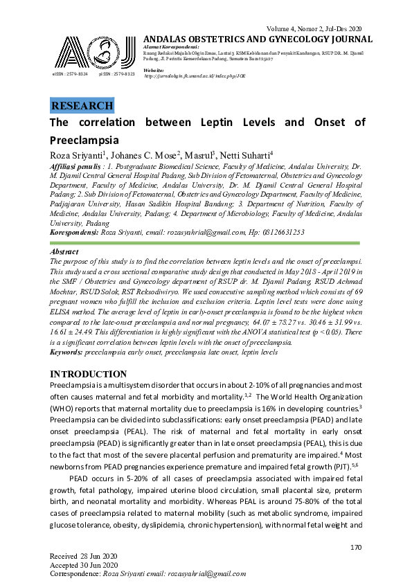 (PDF) The correlation between Leptin Levels and Onset of Preeclampsia