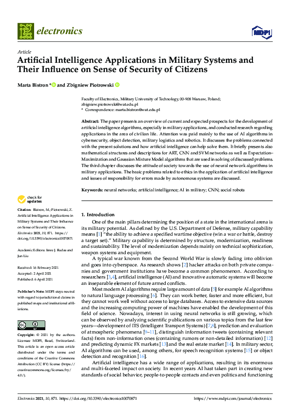 (PDF) Artificial Intelligence Applications in Military Systems and ...