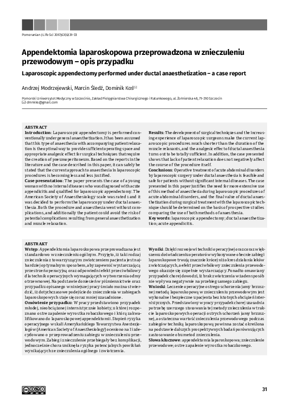 (PDF) Appendektomia laparoskopowa przeprowadzona w znieczuleniu ...