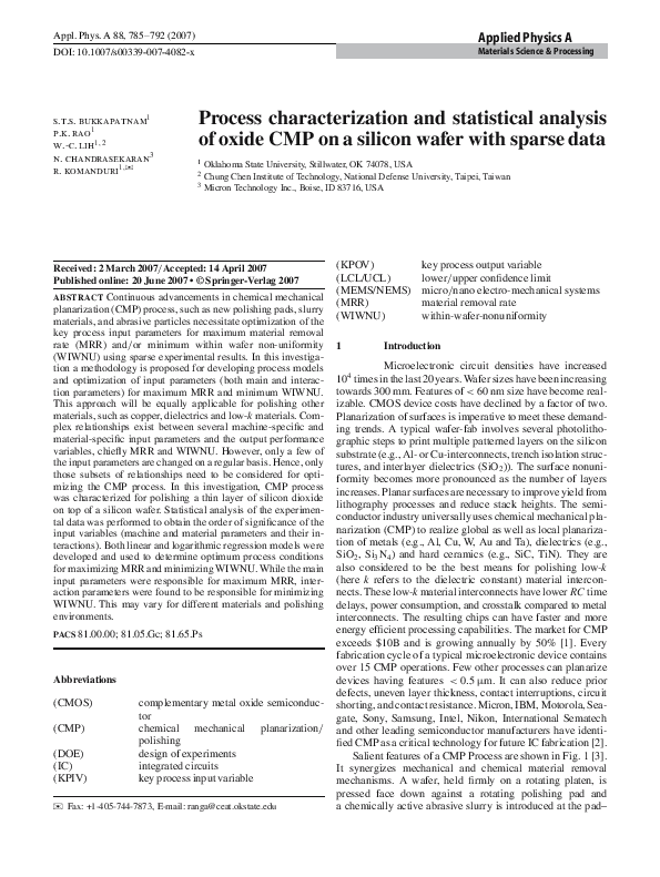 (PDF) Process characterization and statistical analysis of oxide CMP on ...