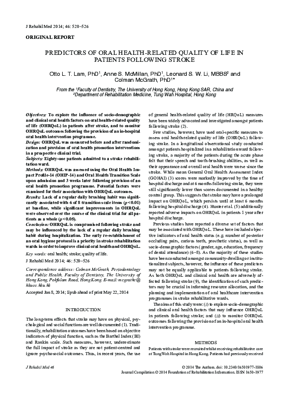 (PDF) Predictors of oral health-related quality of life in patients ...