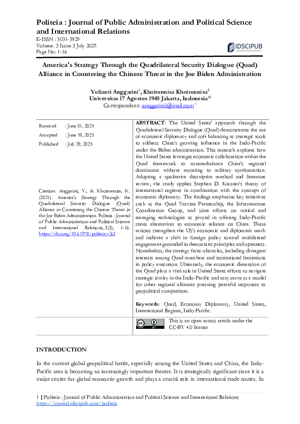 (PDF) America's Strategy Through the Quadrilateral Security Dialogue ...