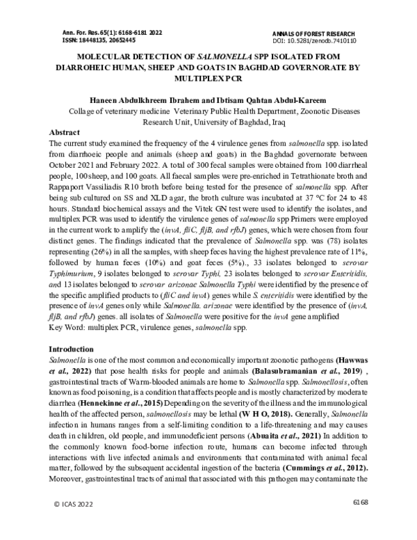 (PDF) Molecular Detection of Salmonella SPP Isolated from Diarroheic ...