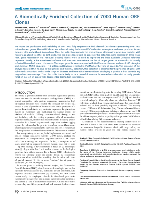 (PDF) A Biomedically Enriched Collection of 7000 Human ORF Clones