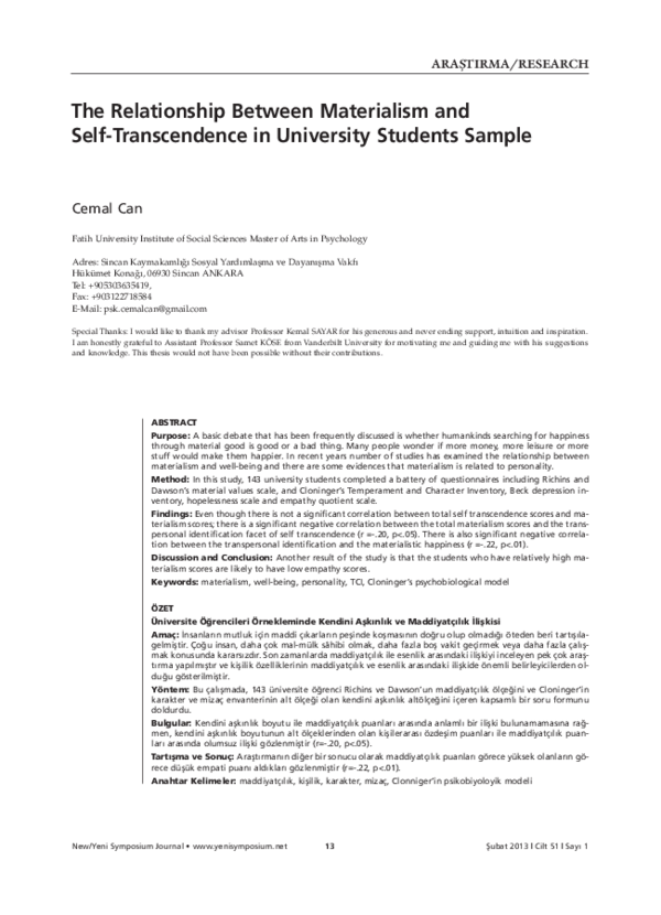 (PDF) The Relationship Between Materialism and Self-Transcendence in ...