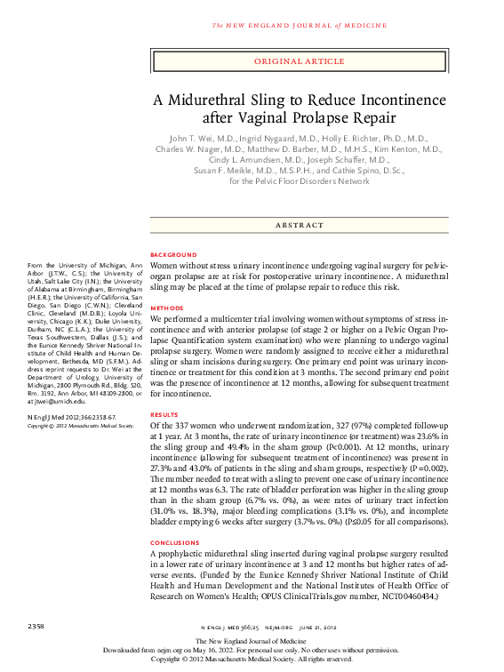 (PDF) A Midurethral Sling to Reduce Incontinence after Vaginal Prolapse ...