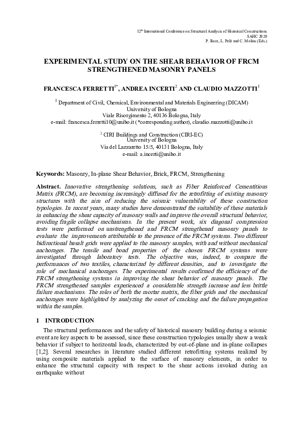 (PDF) Experimental Study on the Shear Behavior of FRCM Strengthened ...