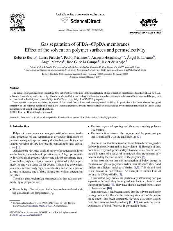 (PDF) Gas separation of 6FDA–6FpDA membranesEffect of the solvent on ...