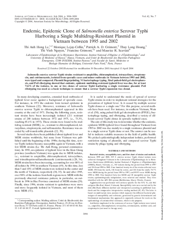 (PDF) Endemic, Epidemic Clone of Salmonella enterica Serovar Typhi ...