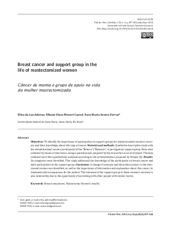 (PDF) Breast cancer and support group in the life of mastectomized women