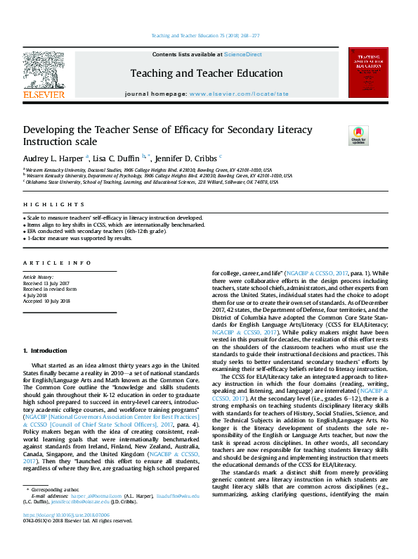(PDF) Developing the Teacher Sense of Efficacy for Secondary Literacy ...