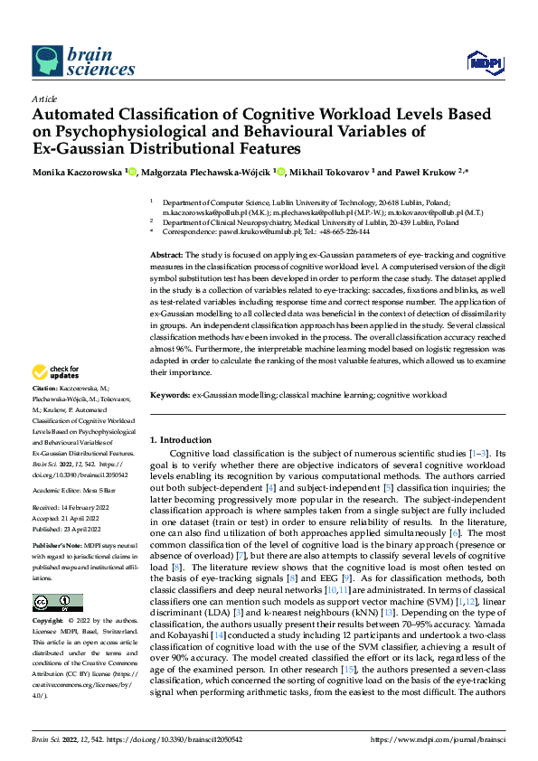 (PDF) Automated Classification of Cognitive Workload Levels Based on ...