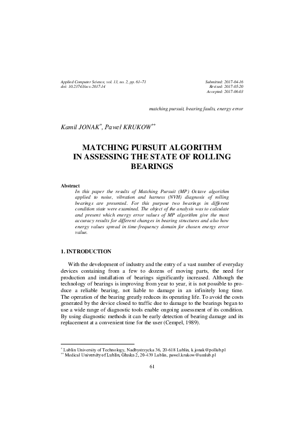 (PDF) Matching Pursuit Algorithm in Assessing the State of Rolling Bearings
