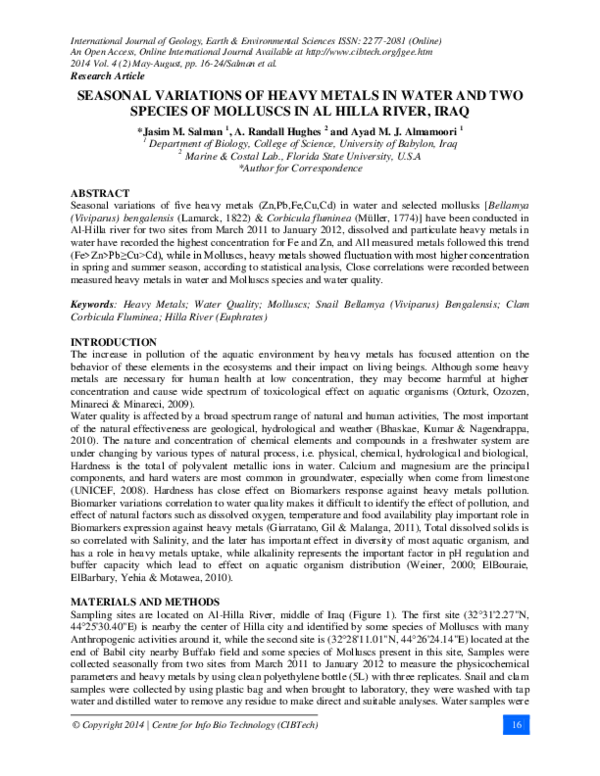 (PDF) Seasonal Variations of Heavy Metals in Water and Two Species of ...
