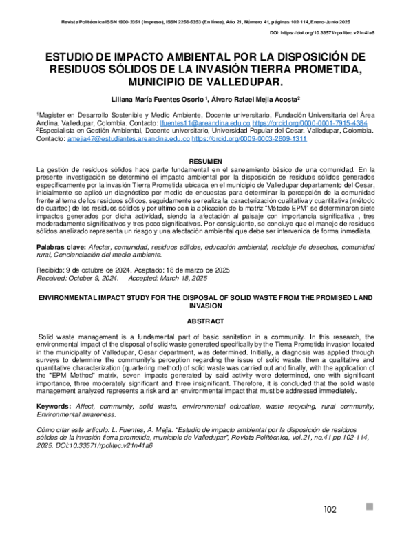 (PDF) ESTUDIO DE IMPACTO AMBIENTAL POR LA DISPOSICIÓN DE RESIDUOS ...