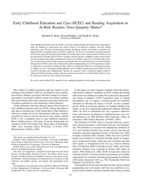 (PDF) Early Childhood Education and Care (ECEC) and Reading Acquisition ...