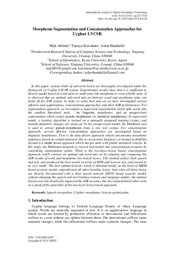 (PDF) Morpheme Segmentation and Concatenation Approaches for Uyghur LVCSR