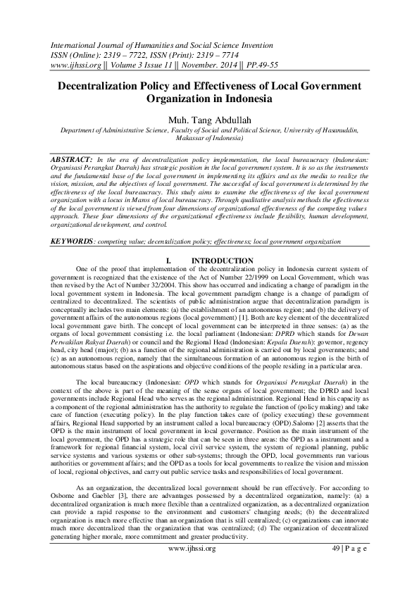 (PDF) Decentralization Policy and Effectiveness of Local Government ...