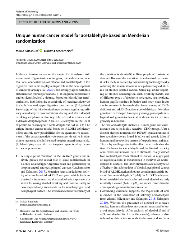 (PDF) Unique human cancer model for acetaldehyde based on Mendelian ...