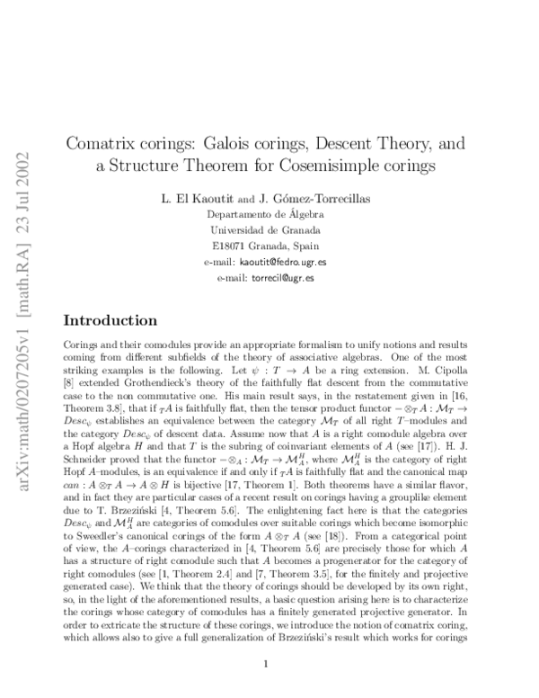 (PDF) Comatrix Corings: Galois Corings, Descent Theory, and a Structure ...