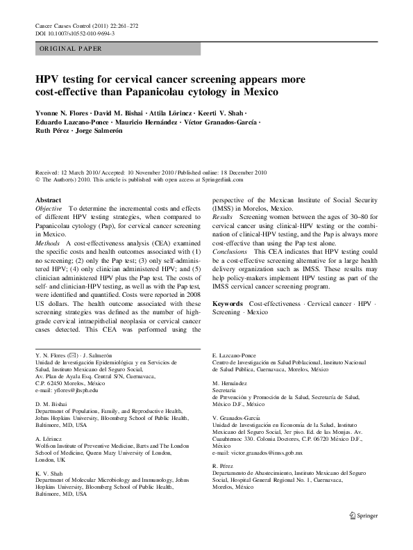 (PDF) HPV testing for cervical cancer screening appears more cost ...