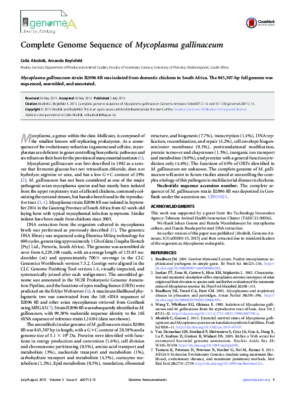(PDF) Complete Genome Sequence of Mycoplasma gallinaceum