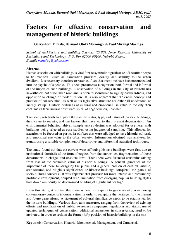 (PDF) Factors for effective conservation and management of historic ...
