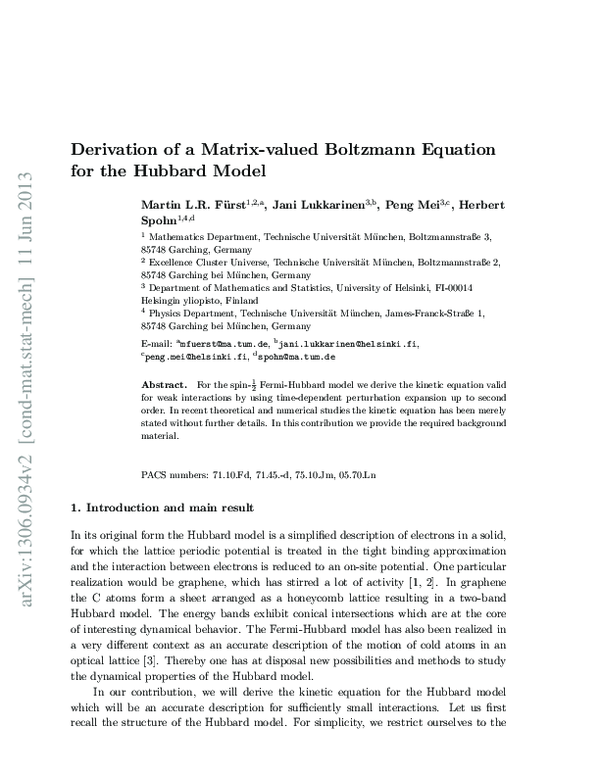 (PDF) Derivation of a matrix-valued Boltzmann equation for the Hubbard ...