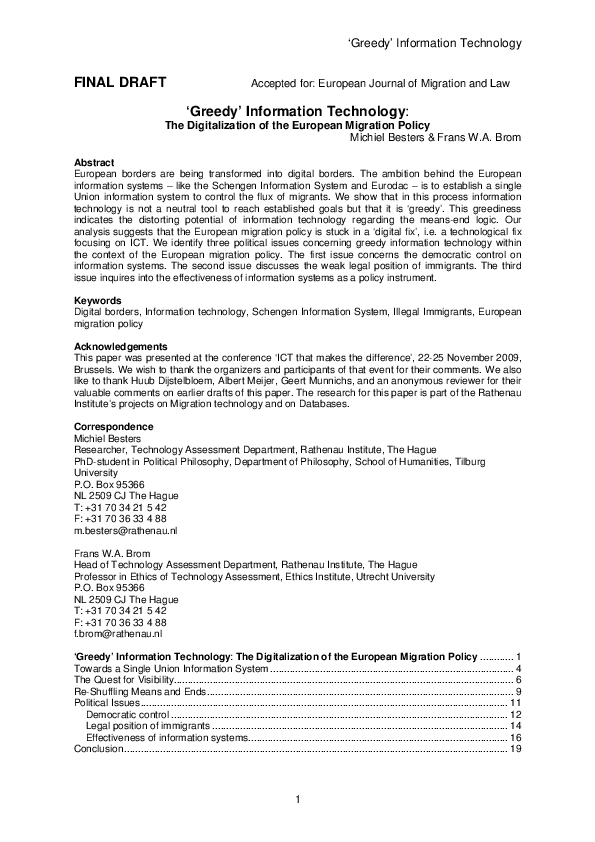 ‘Greedy’ Information Technology: The Digitalization of the European Migration Policy