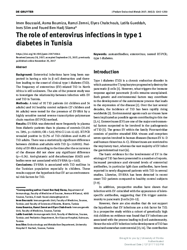 (PDF) The role of enterovirus infections in type 1 diabetes in Tunisia
