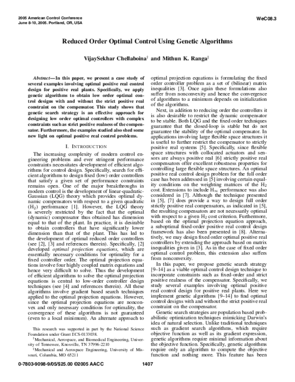 (PDF) Reduced order optimal control using genetic algorithms
