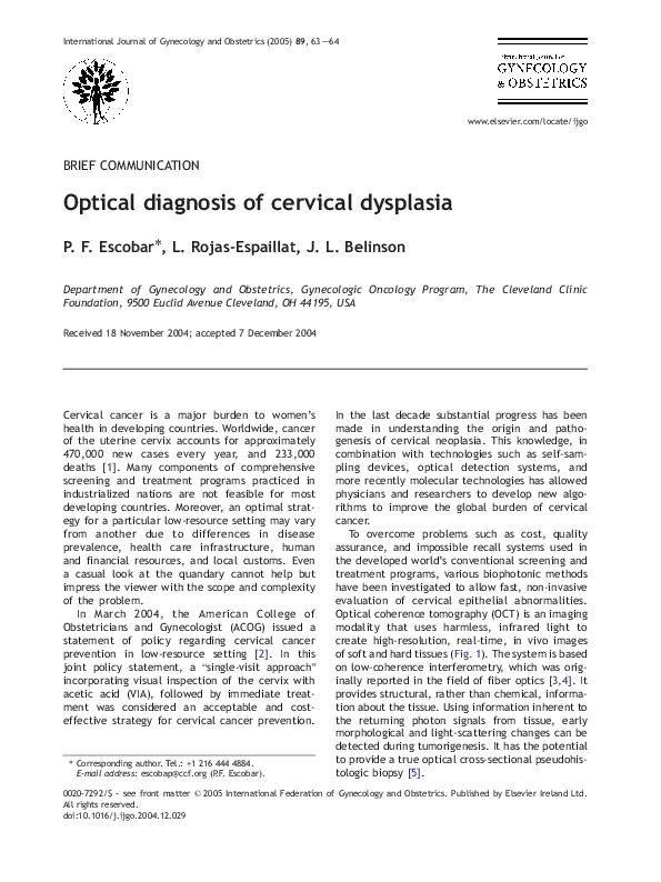 (PDF) Optical diagnosis of cervical dysplasia