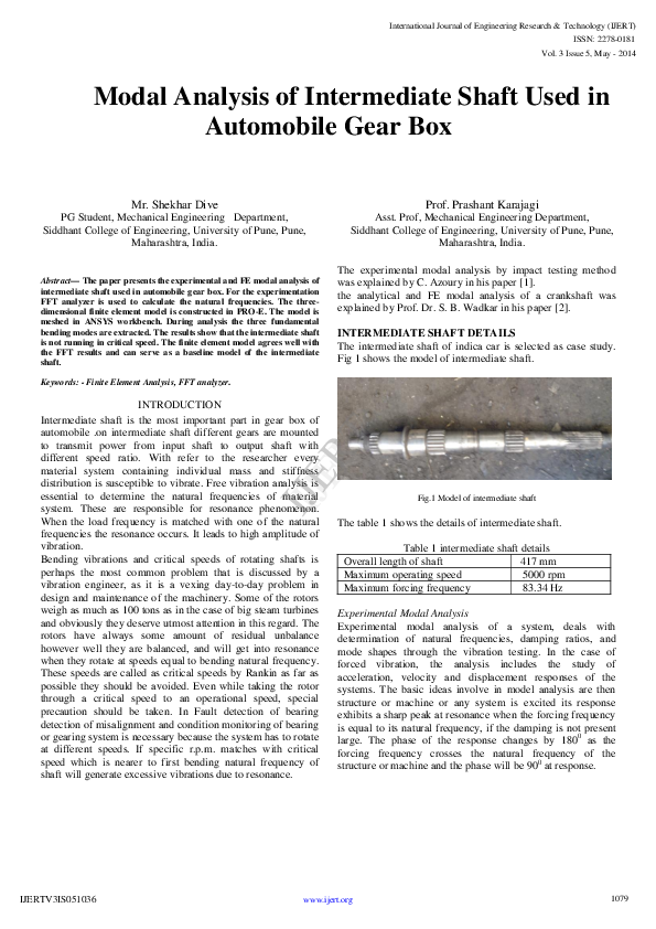 (PDF) Modal Analysis of Intermediate Shaft Used in Automobile Gear Box