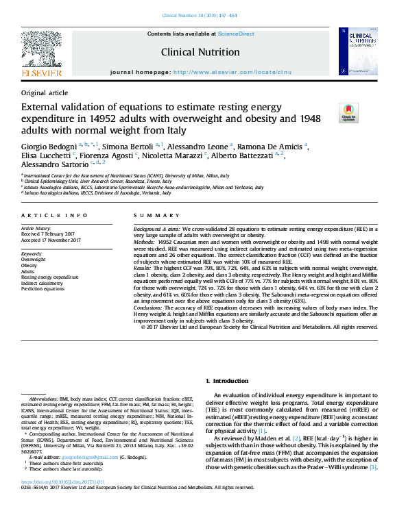 (PDF) External validation of equations to estimate resting energy ...