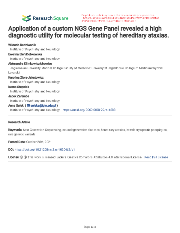 (PDF) Application of a custom NGS gene panel revealed a high diagnostic ...