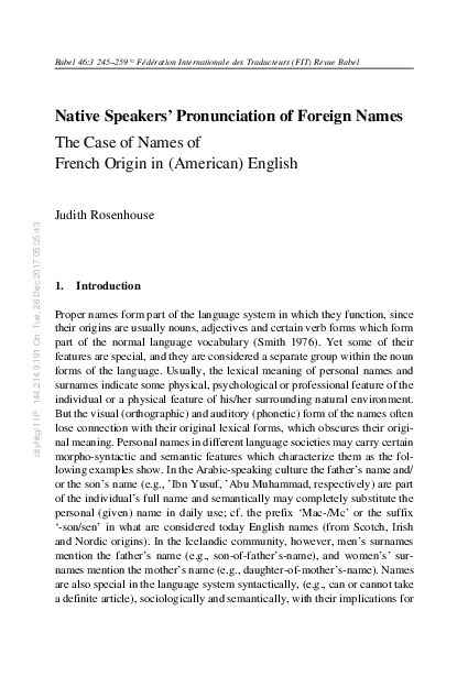 (PDF) Native Speakers Pronunciation of Foreign Names: The Case of Names ...