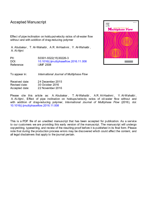 (PDF) Effect of pipe inclination on holdups/velocity ratios of oil ...