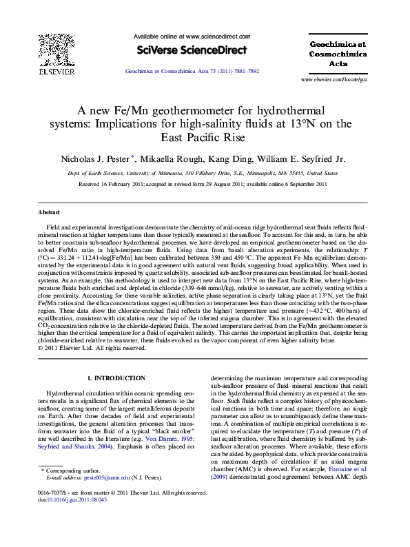 (PDF) A new Fe/Mn geothermometer for hydrothermal systems: Implications ...