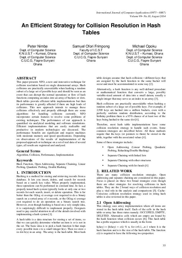 (PDF) An Efficient Strategy for Collision Resolution in Hash Tables