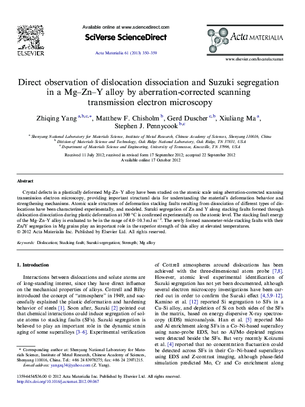 (PDF) Direct observation of dislocation dissociation and Suzuki ...