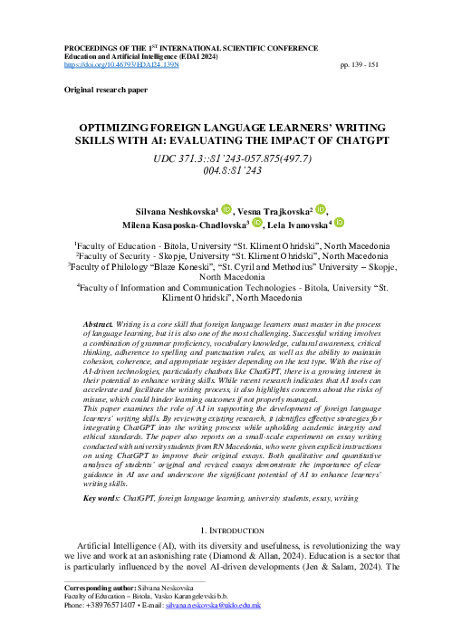 (PDF) OPTIMIZING FOREIGN LANGUAGE LEARNERS' WRITING SKILLS WITH AI ...