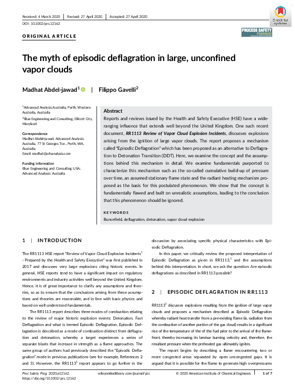 (PDF) The myth of episodic deflagration in large, unconfined vapor clouds