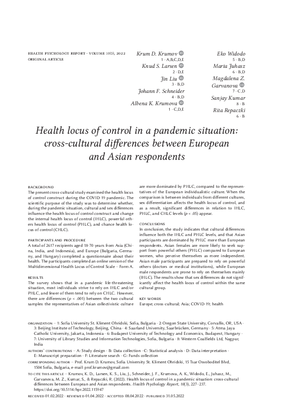 (PDF) Health locus of control in a pandemic situation: cross-cultural ...