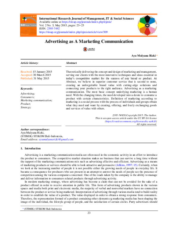 (PDF) Advertising as A Marketing Communication