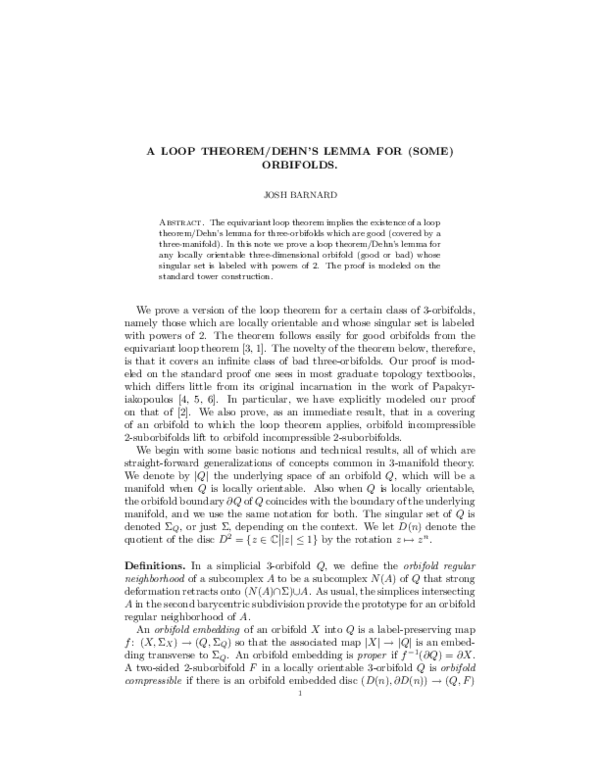 (PDF) A loop theorem/Dehn's lemma for some orbifolds