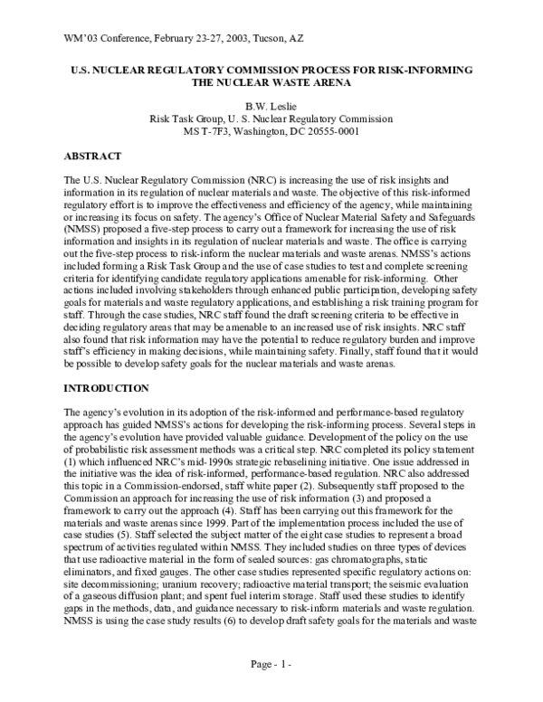 (PDF) U.S. Nuclear Regulatory Commission Process for Risk-Informing the ...