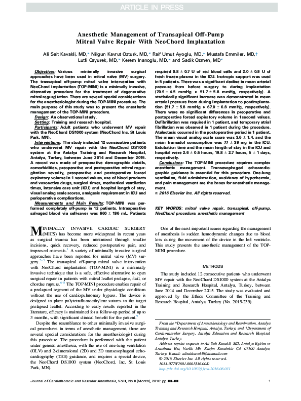 (PDF) Anesthetic Management of Transapical Off-Pump Mitral Valve Repair ...