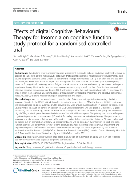 (PDF) Effects of digital Cognitive Behavioural Therapy for Insomnia on ...