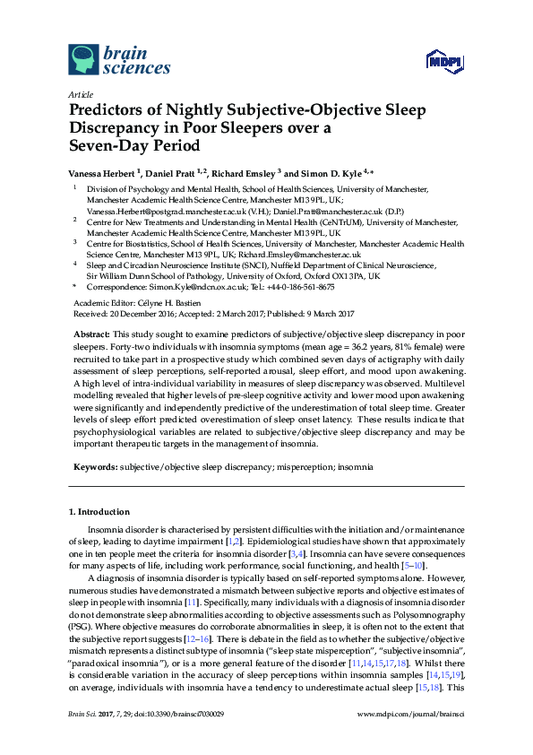 (PDF) Predictors of Nightly Subjective-Objective Sleep Discrepancy in ...