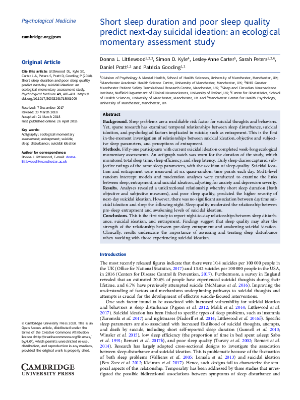 (PDF) Short sleep duration and poor sleep quality predict next-day ...